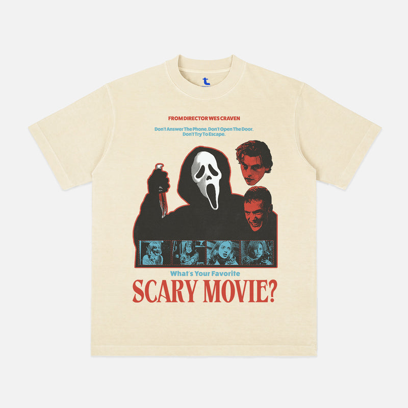 Retro Scream 1996 slasher horror movie graphic t-shirt with bootleg streetwear design on a heavyweight faded cream tee