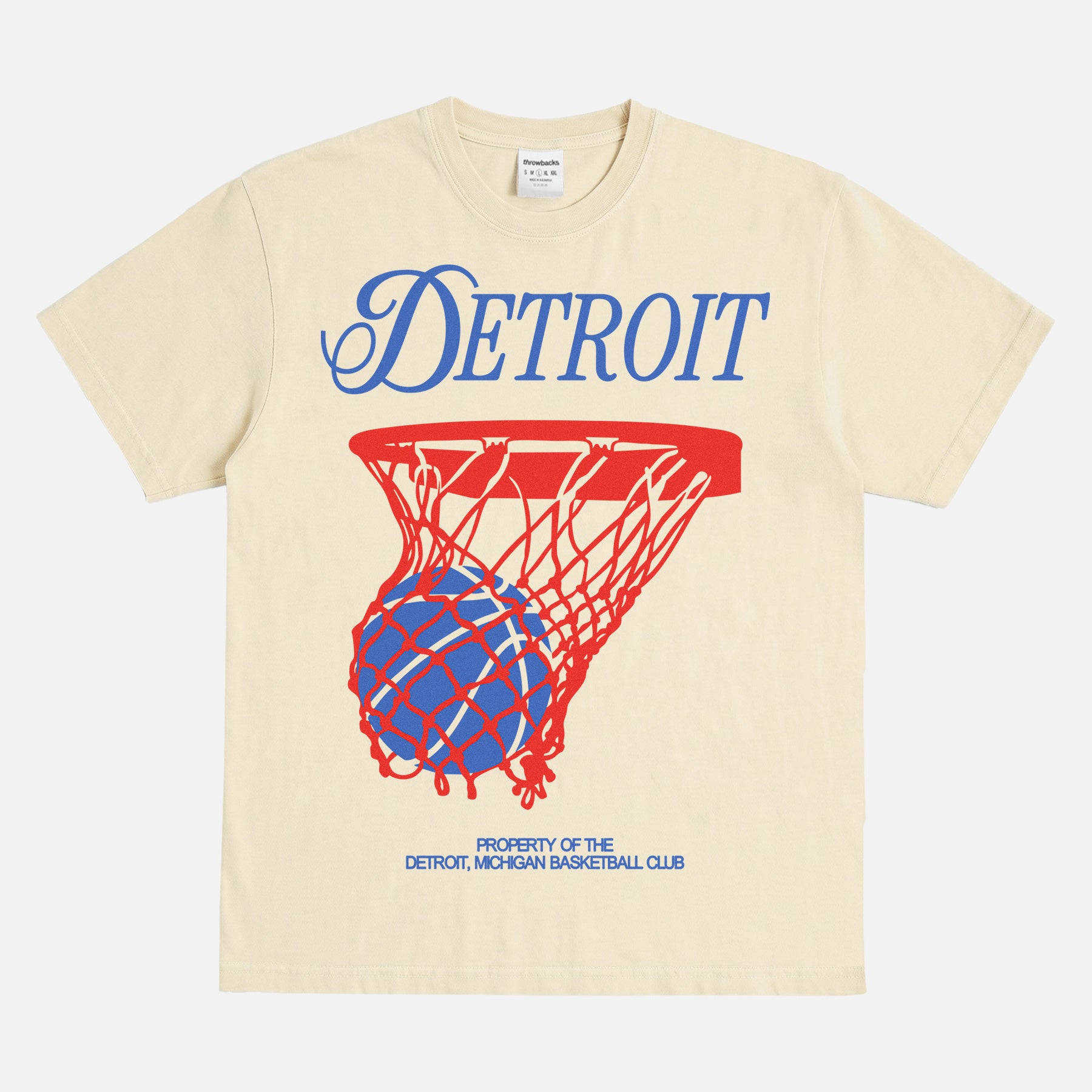 Retro Detroit Pistons basketball streetwear t-shirt with red and blue jersey script lettering on a unisex off white comfort colors graphic tee