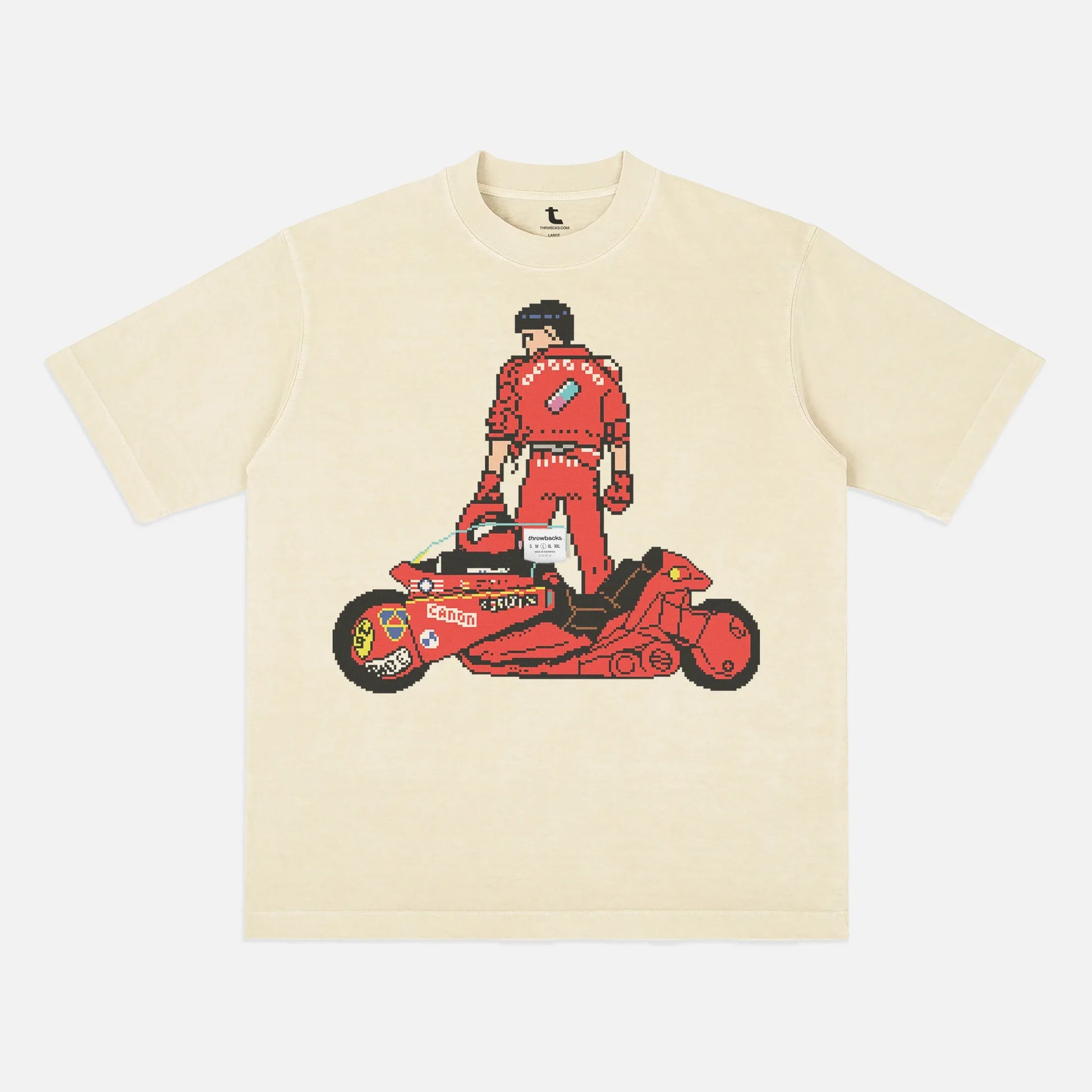Retro Akira anime 8-bit graphic t-shirt for men and women, vintage heavyweight manga movie tee in beige off white