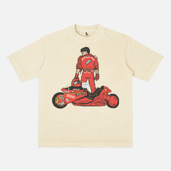 Retro Akira anime 8-bit graphic t-shirt for men and women, vintage heavyweight manga movie tee in beige off white