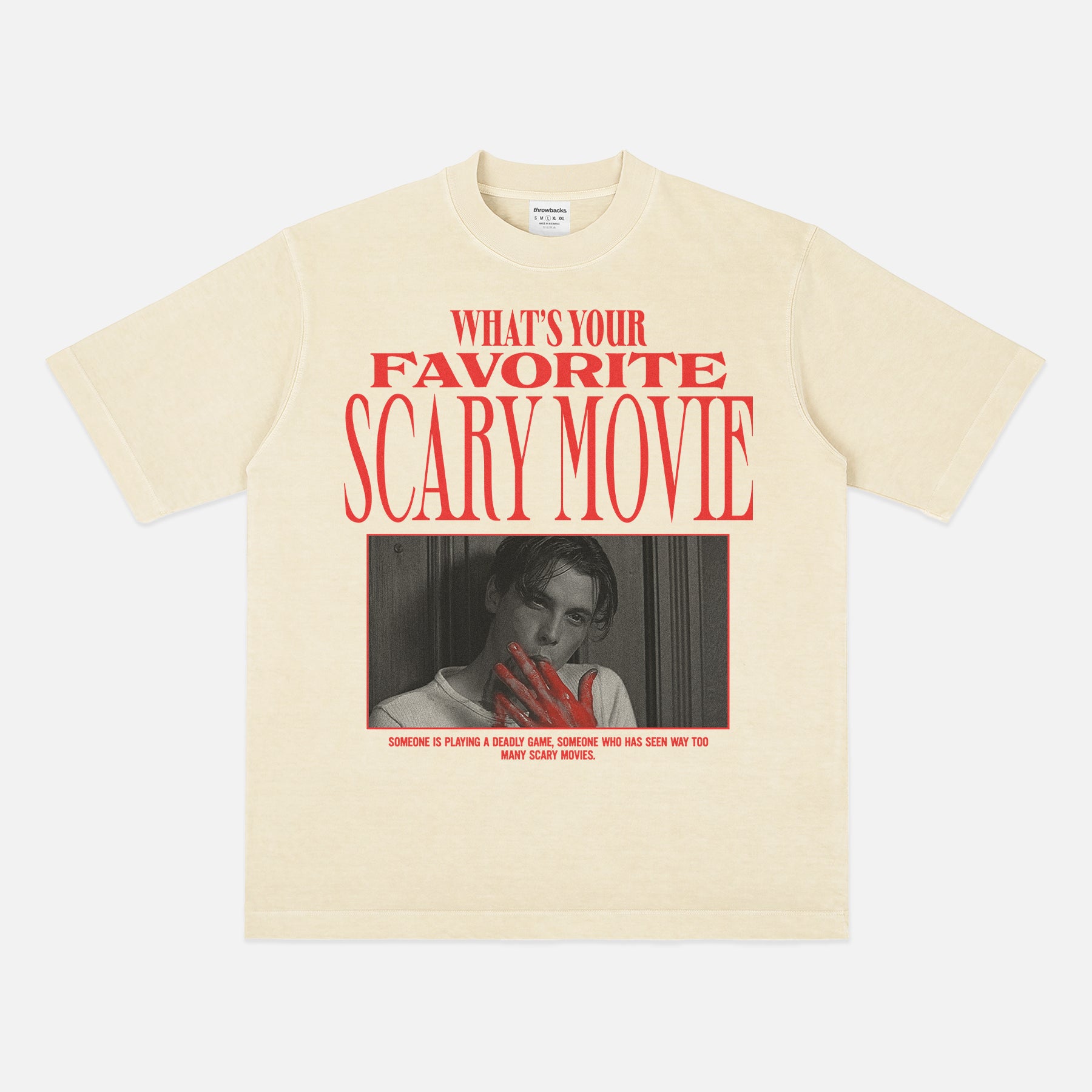 1996 Original Scream movie graphic t-shirt with streetwear graphic of billy loomis and what's your favorite scary movie text on an off white heavyweight tee