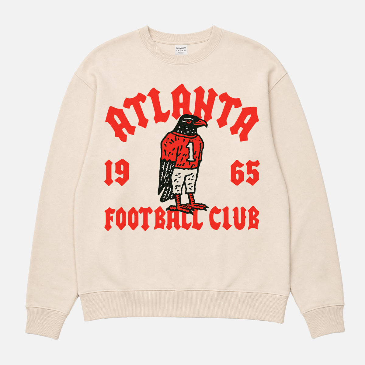 Premium cream beige Atlanta falcons sweatshirt with throwback falcon mascot on a unisex crewneck 