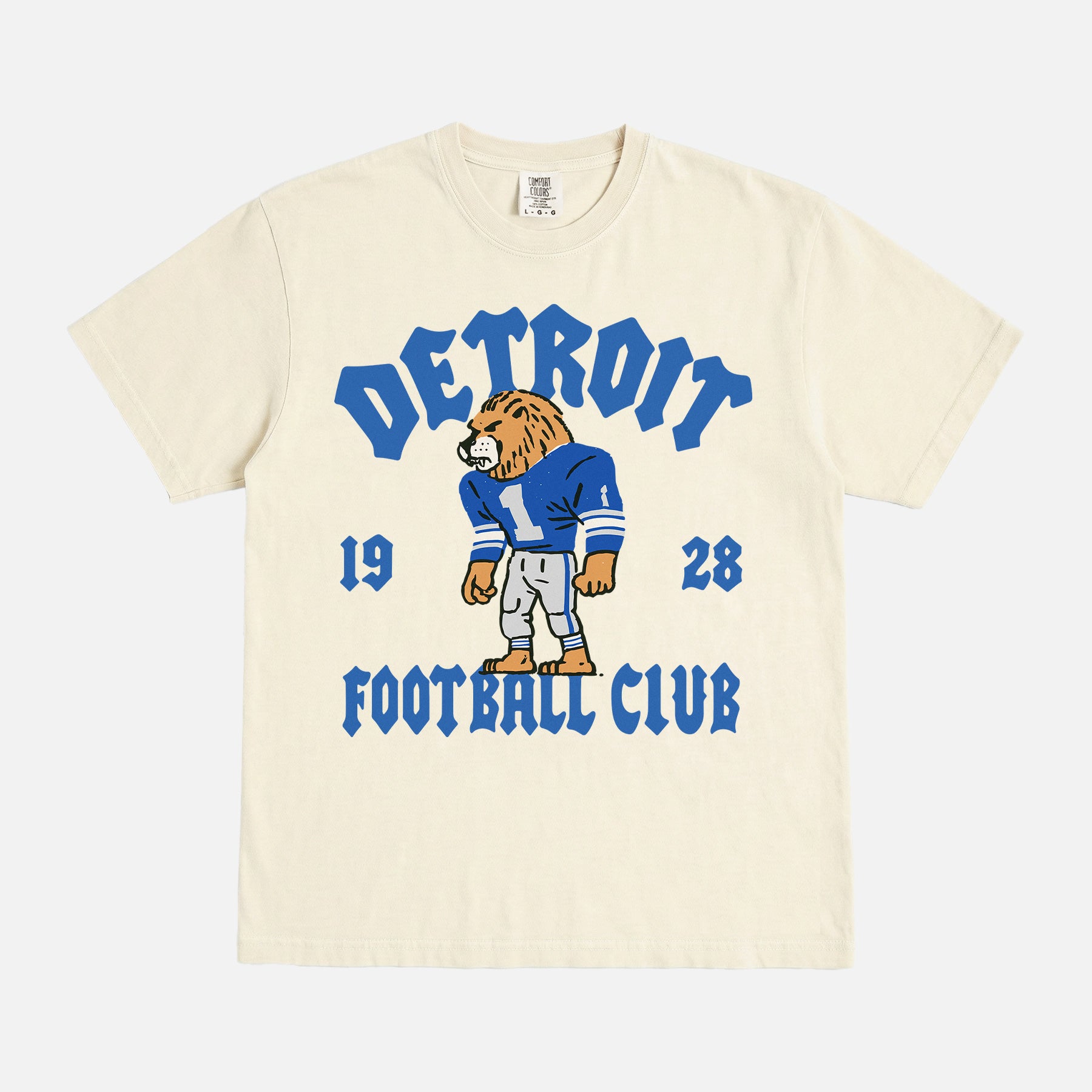 Detroit Lions nfl football t-shirt with throwback design and mascot art on an off white comfort colors graphic tee