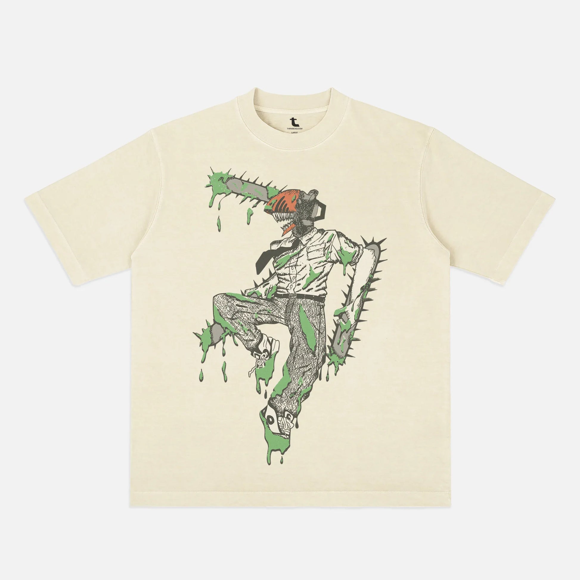 Heavyweight faded off-white beige Chainsaw Man graphic t-shirt for anime apparel fans