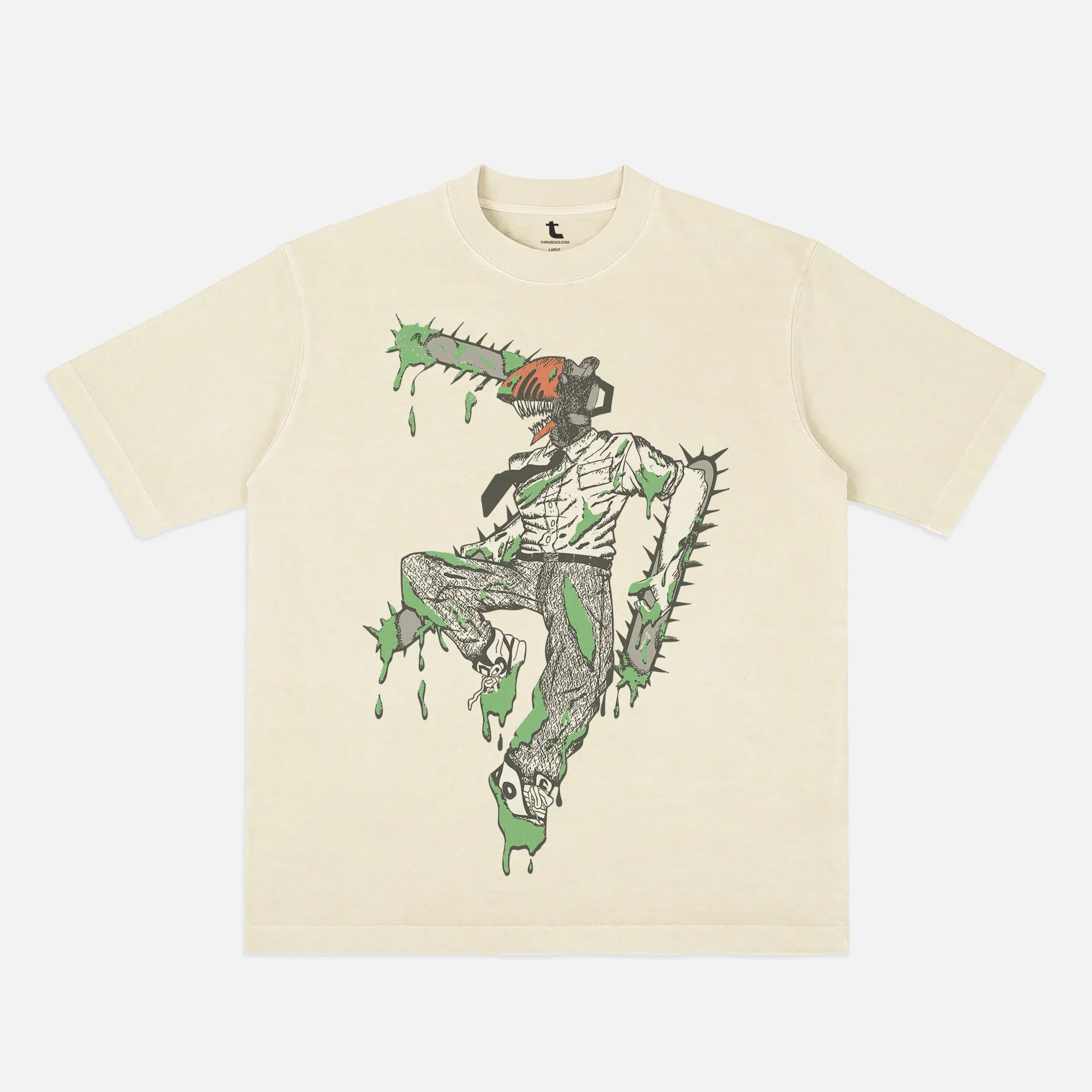 Heavyweight faded off-white beige Chainsaw Man graphic t-shirt for anime apparel fans