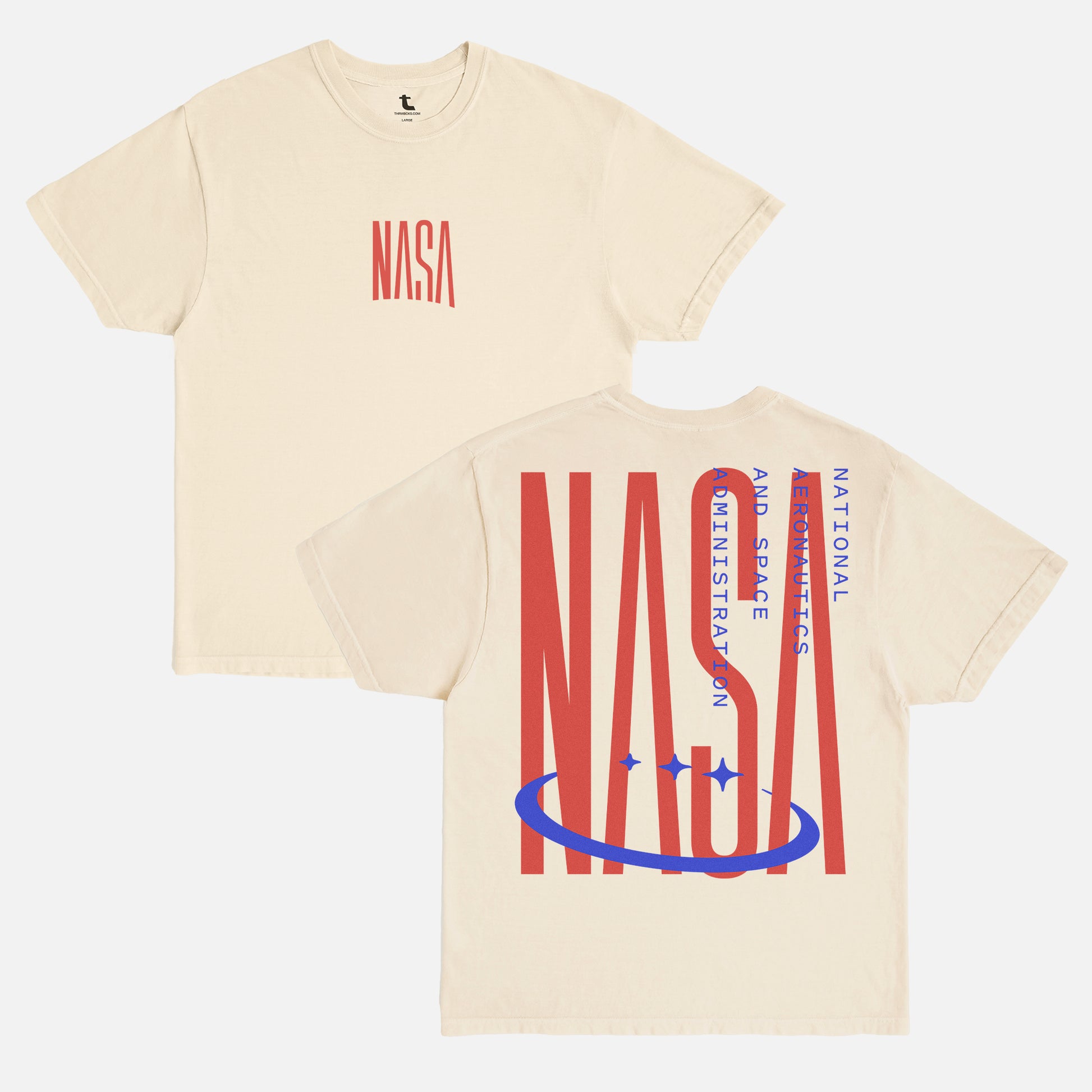 Retro NASA graphic tee, vintage oversized faded off white beige with red and blue NASA worm logo space streetwear t-shirt 