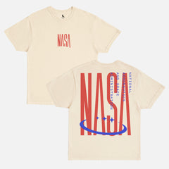Retro NASA graphic tee, vintage oversized faded off white beige with red and blue NASA worm logo space streetwear t-shirt 