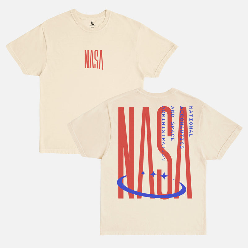 Retro NASA graphic tee, vintage oversized faded off white beige with red and blue NASA worm logo space streetwear t-shirt 