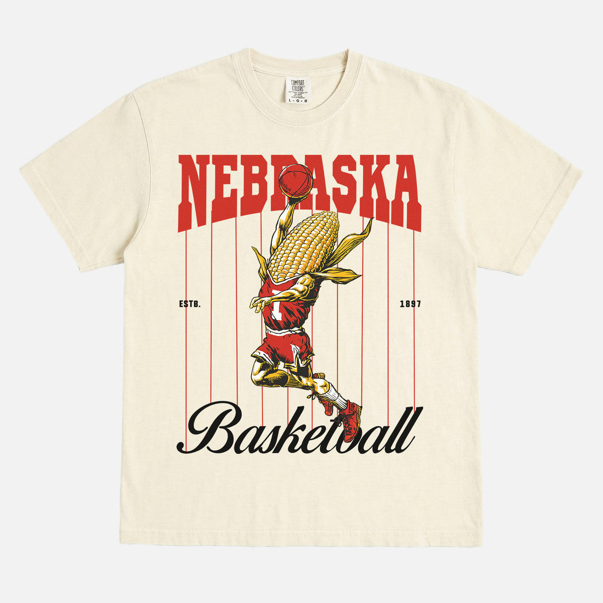 Vintage Nebraska Cornhuskers College Basketball Graphic T‑shirt with retro corn-on-the-cob mascot and pinstripes on an washed beige, off-white bball tee for men and women