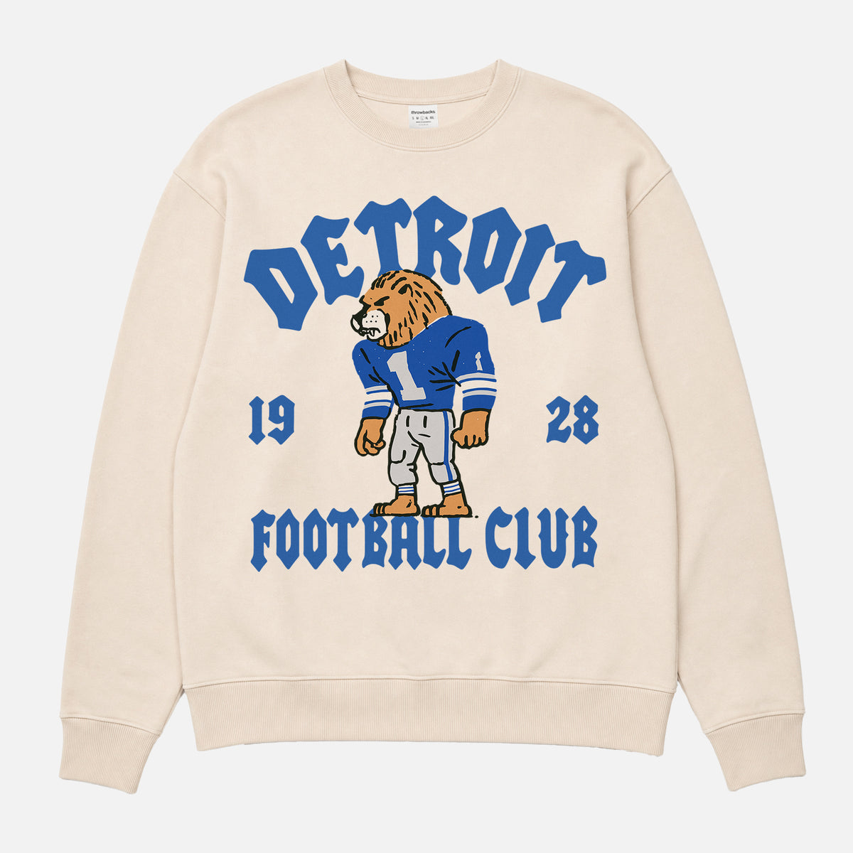 Vintage Detroit Lions football fan sweatshirt with old school mascot graphic and streetwear font on a unisex premium cotton crewneck