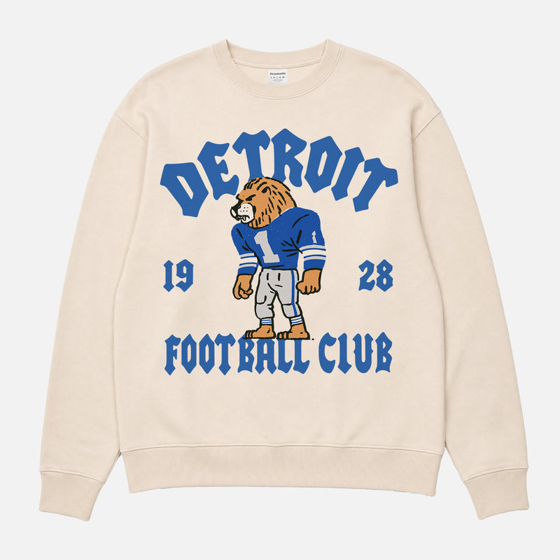 Vintage Detroit Lions football fan sweatshirt with old school mascot graphic and streetwear font on a unisex premium cotton crewneck