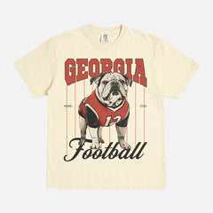 Vintage faded washed cream off white Georgia Bulldogs graphic tee for Georgia football fans with vintage uga mascot design for men and women