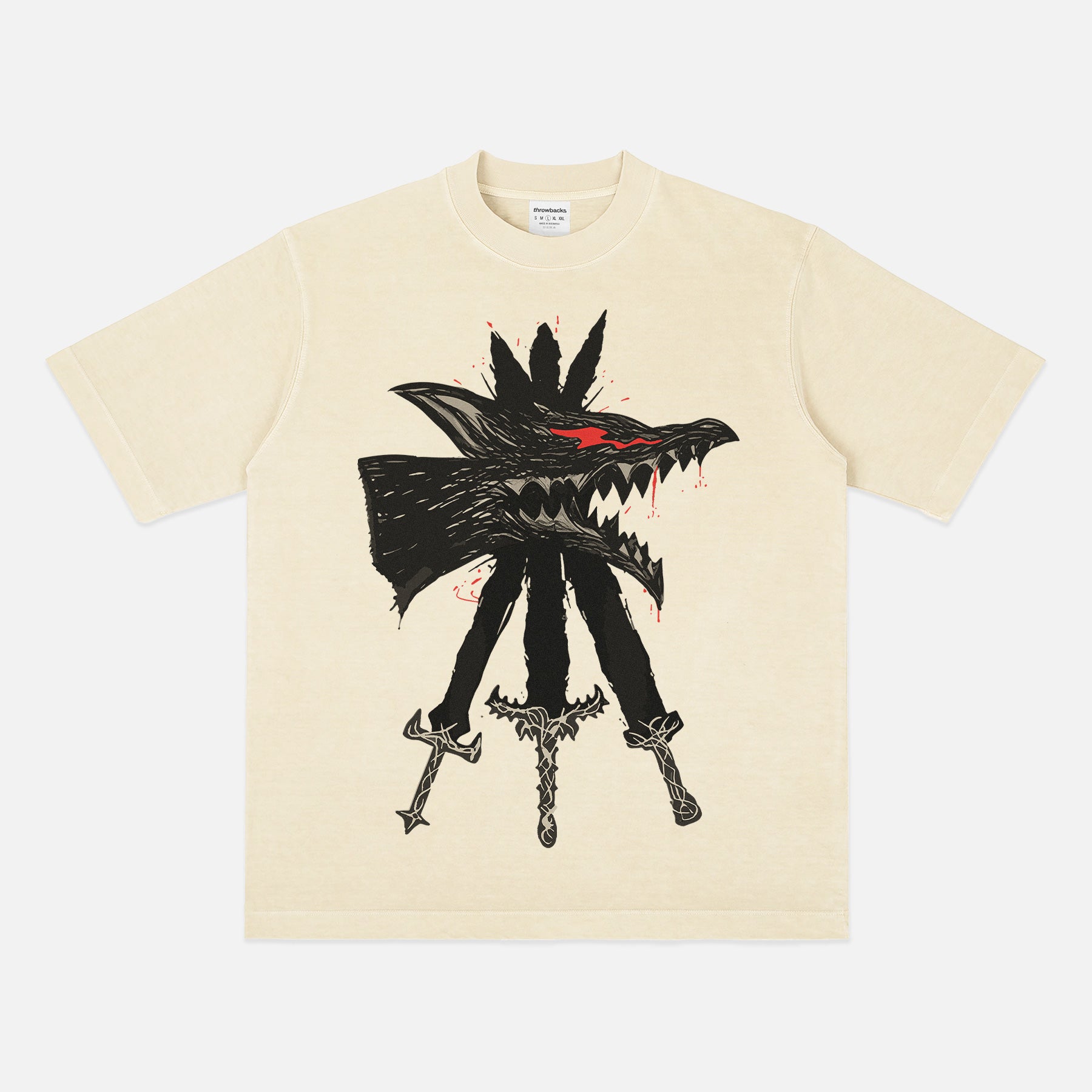 Berserk Beast of Darkness streetwear t-shirt on a beige heavyweight anime graphic tee for men and women for sale at Throwbacks
