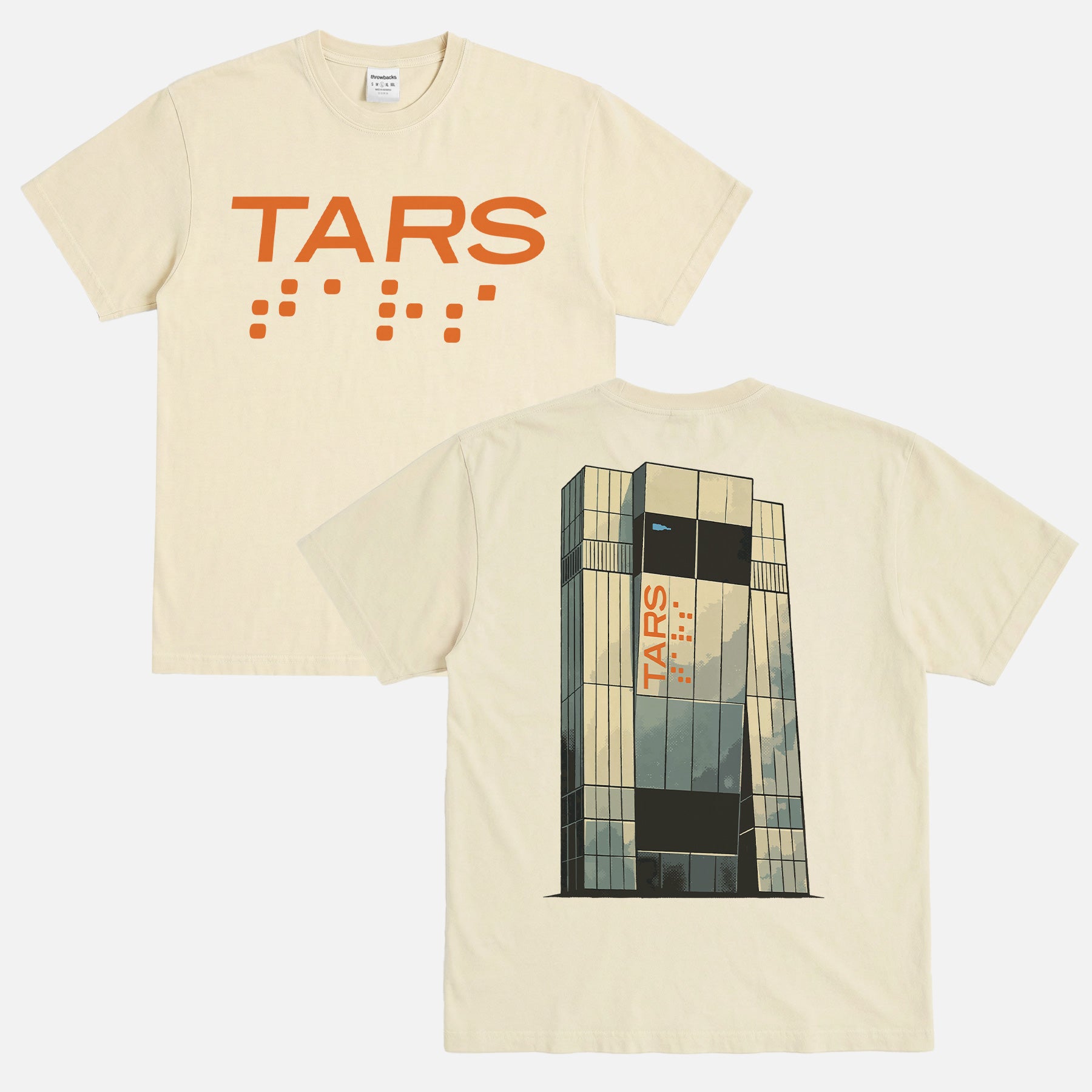 Christpher Nolan Interstellar Movie t-shirt, washed cream off white streetwear style graphic tee with Tars illustration and logo
