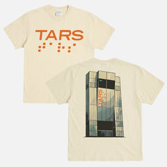 Christpher Nolan Interstellar Movie t-shirt, washed cream off white streetwear style graphic tee with Tars illustration and logo
