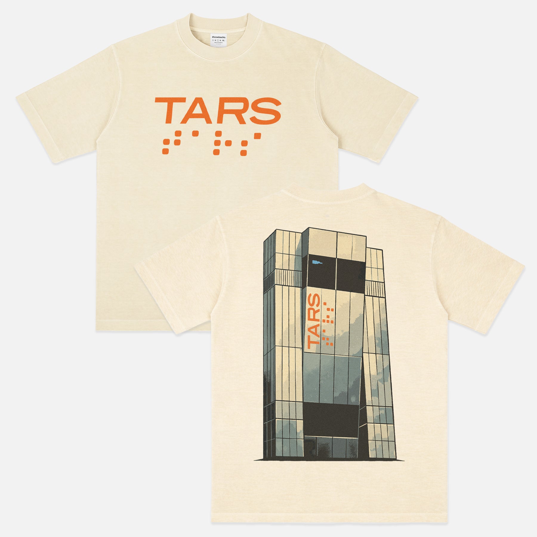 Christpher Nolan Interstellar Movie t-shirt, off white and orange streetwear style graphic tee with Tars illustration and logo
