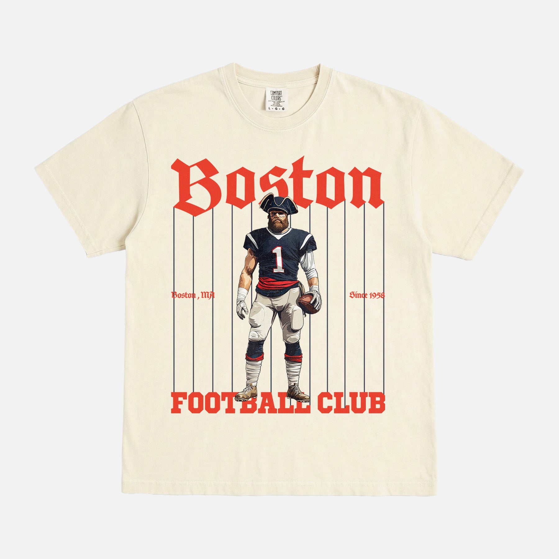 Retro vintage Boston New England Patriots football t-shirt with mascot pinstripes graphic on a unsiex comfort colors graphic tee