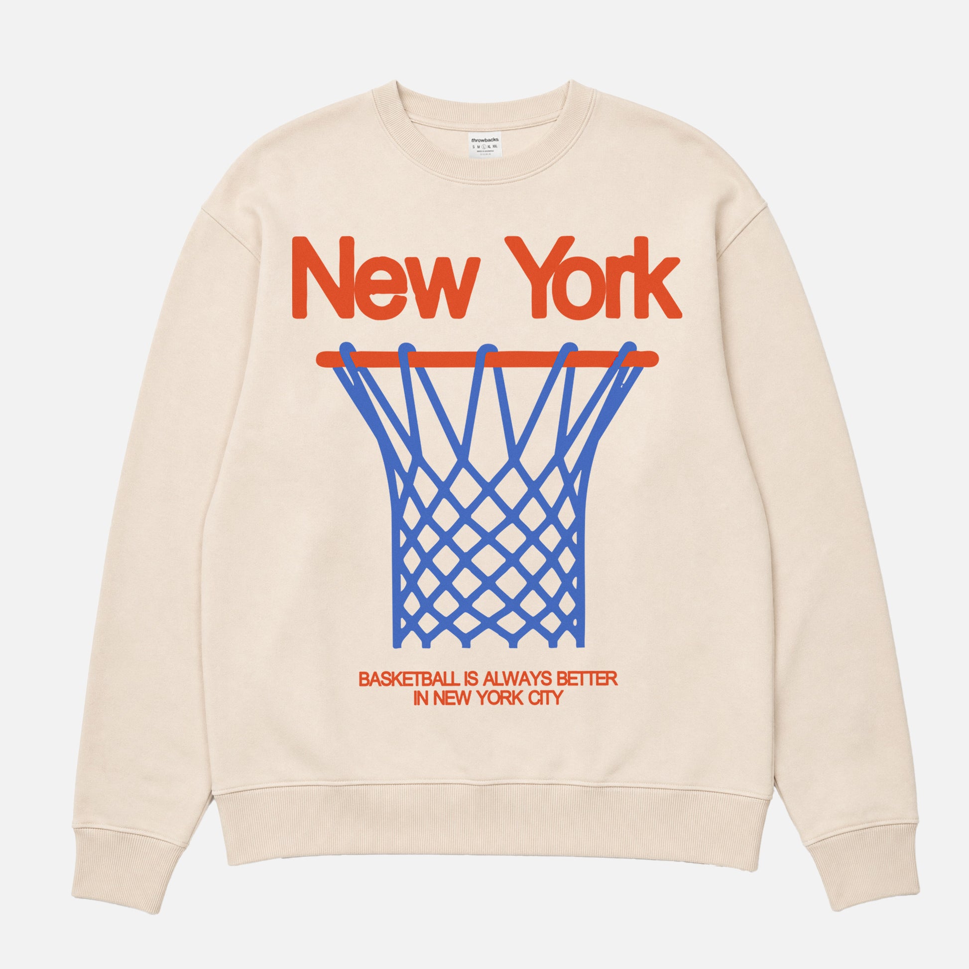 Vintage off white orange and Blue NY Knicks streetwear heavyweight crewneck sweatshirt with oversized 80's style graphic for men and women