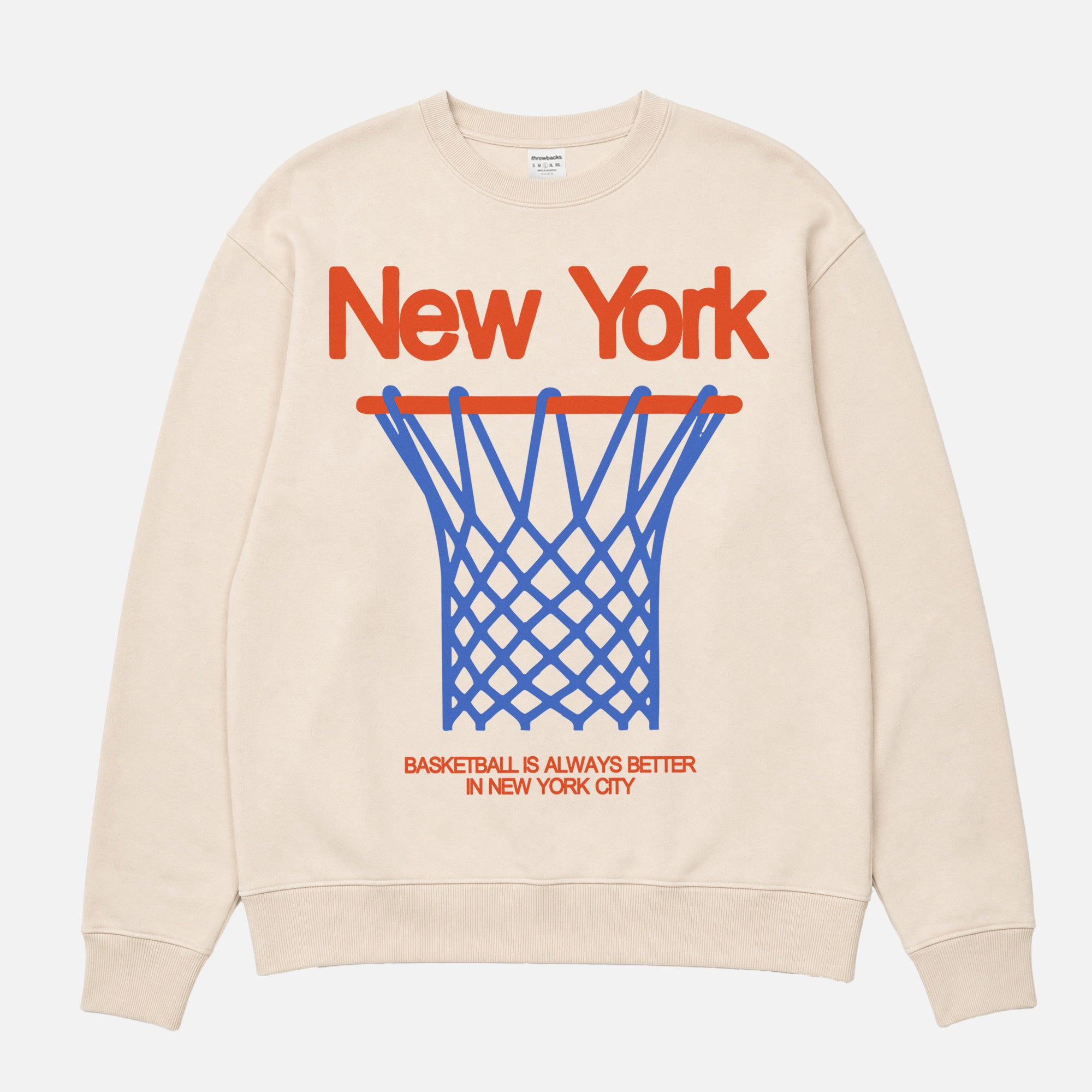 Vintage off white orange and Blue NY Knicks streetwear heavyweight crewneck sweatshirt with oversized 80's style graphic for men and women