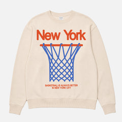 Vintage off white orange and Blue NY Knicks streetwear heavyweight crewneck sweatshirt with oversized 80's style graphic for men and women