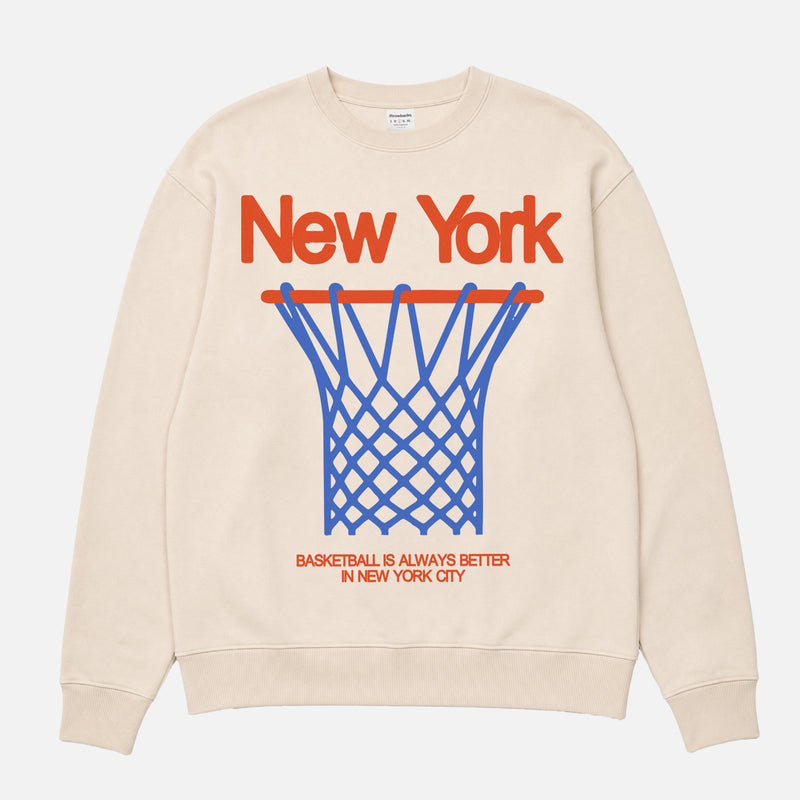 Vintage off white orange and Blue NY Knicks streetwear heavyweight crewneck sweatshirt with oversized 80's style graphic for men and women
