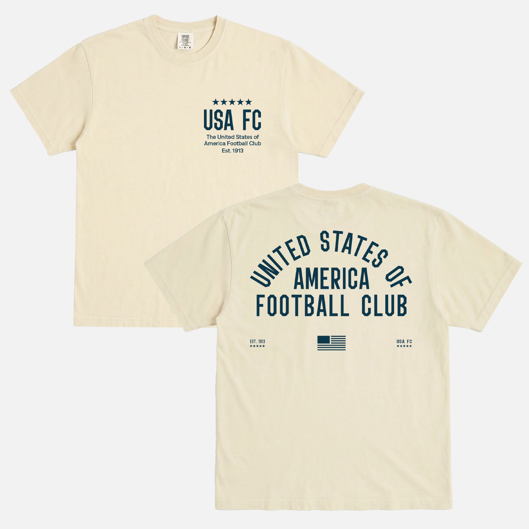 Cool Vintage United States USA FC World Cup team t-shirt with old school jersey lettering on a faded cream unisex comfort colors t-shirt