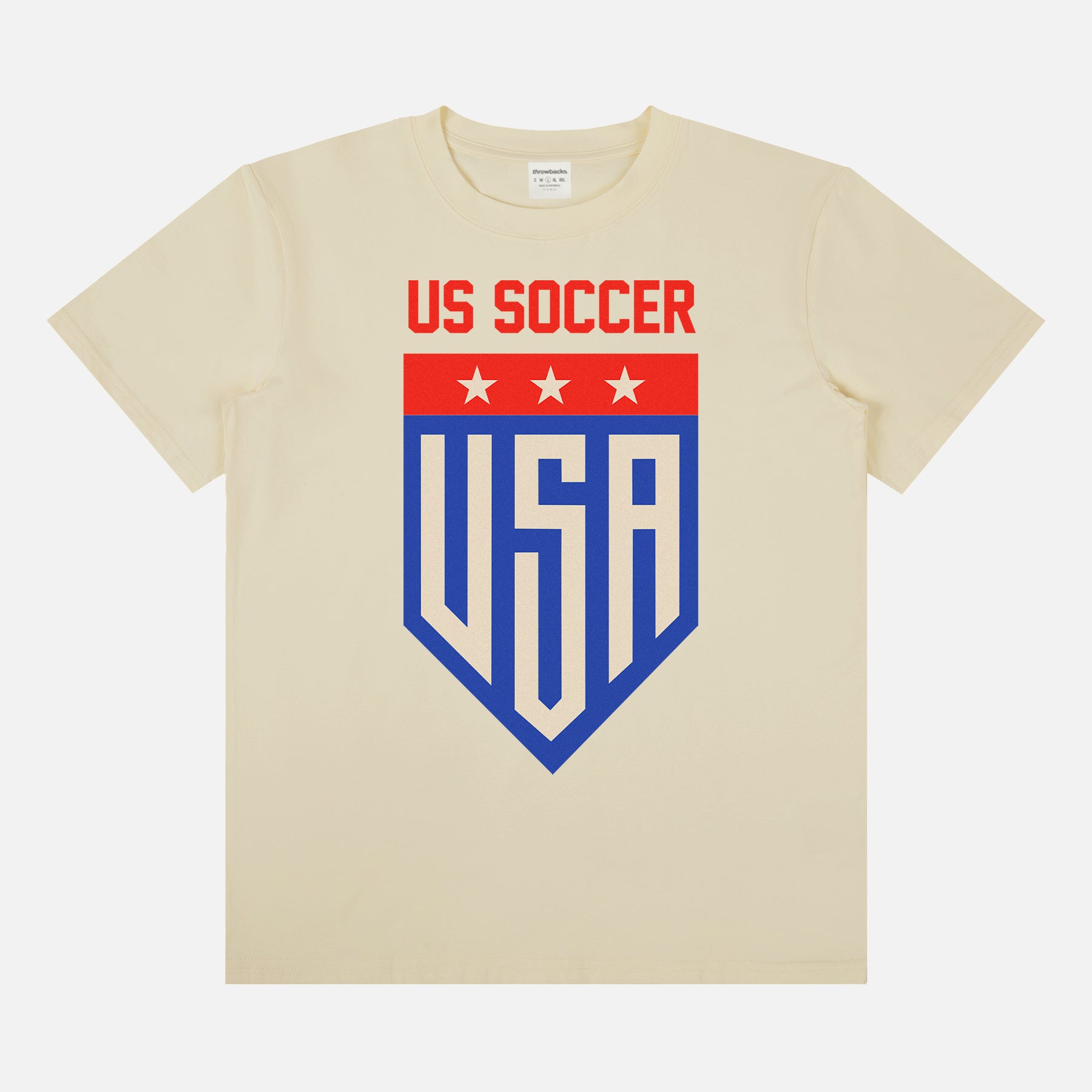 USMNT USWNT soccer team graphic t-shirt for world cup fans with cool modern retro USA soccer team badge logo on a unisex beige cotton tee