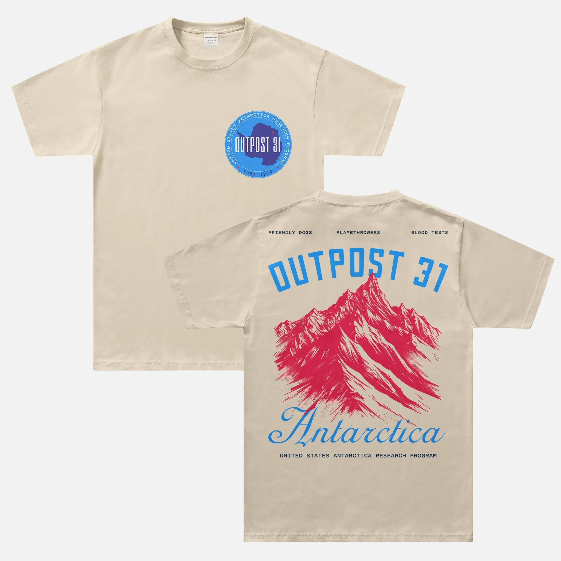 Retro Outpost 31 Antarctica Research Team t-shirt, The Thing 1982 vintage movie graphic tee in beige