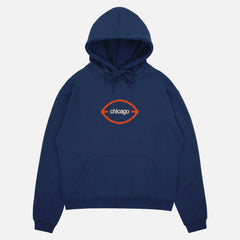 Vintage heavyweight navy Chicago Bears football hoodie with oversized full back orange and beige print 