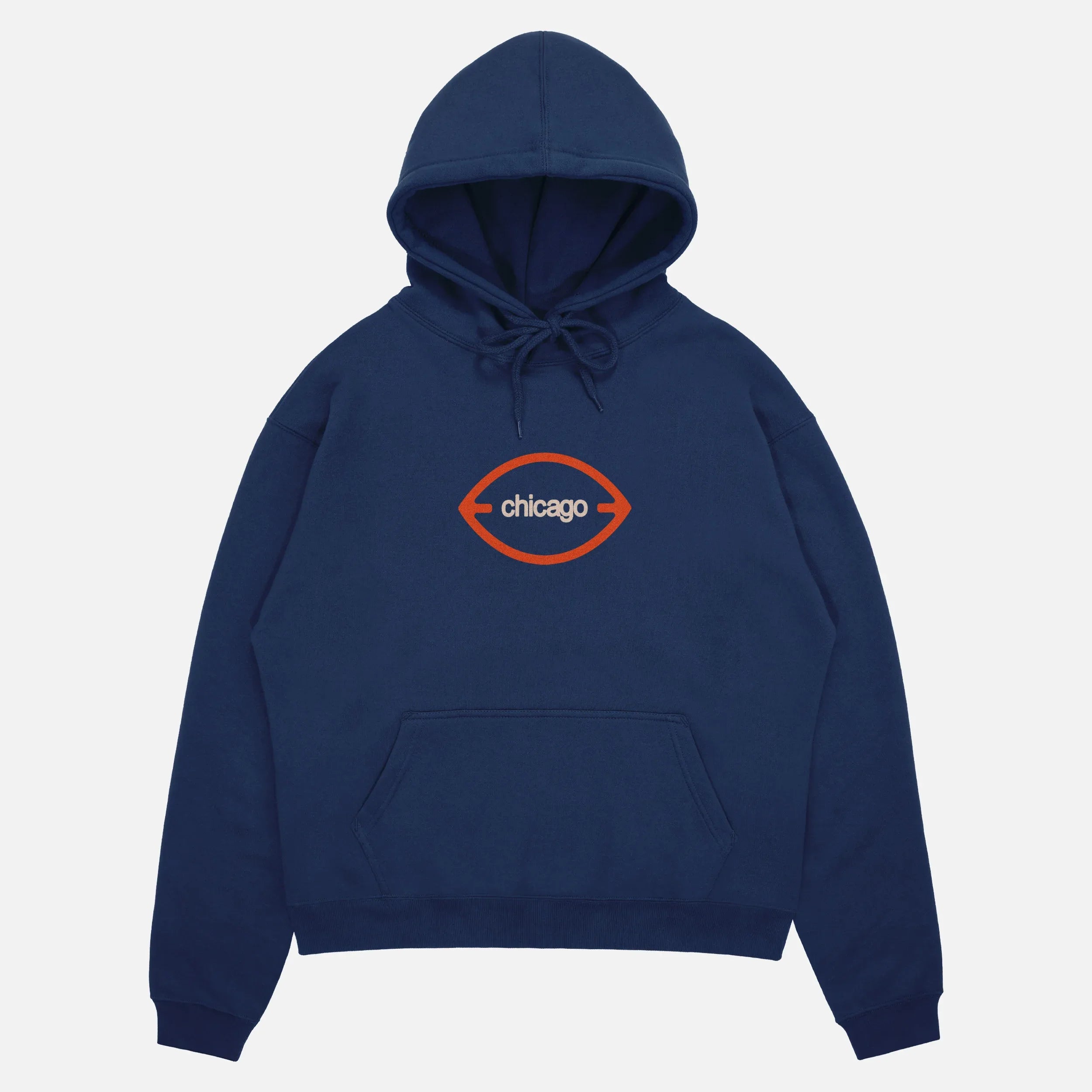 Vintage heavyweight navy Chicago Bears football hoodie with oversized full back orange and beige print 