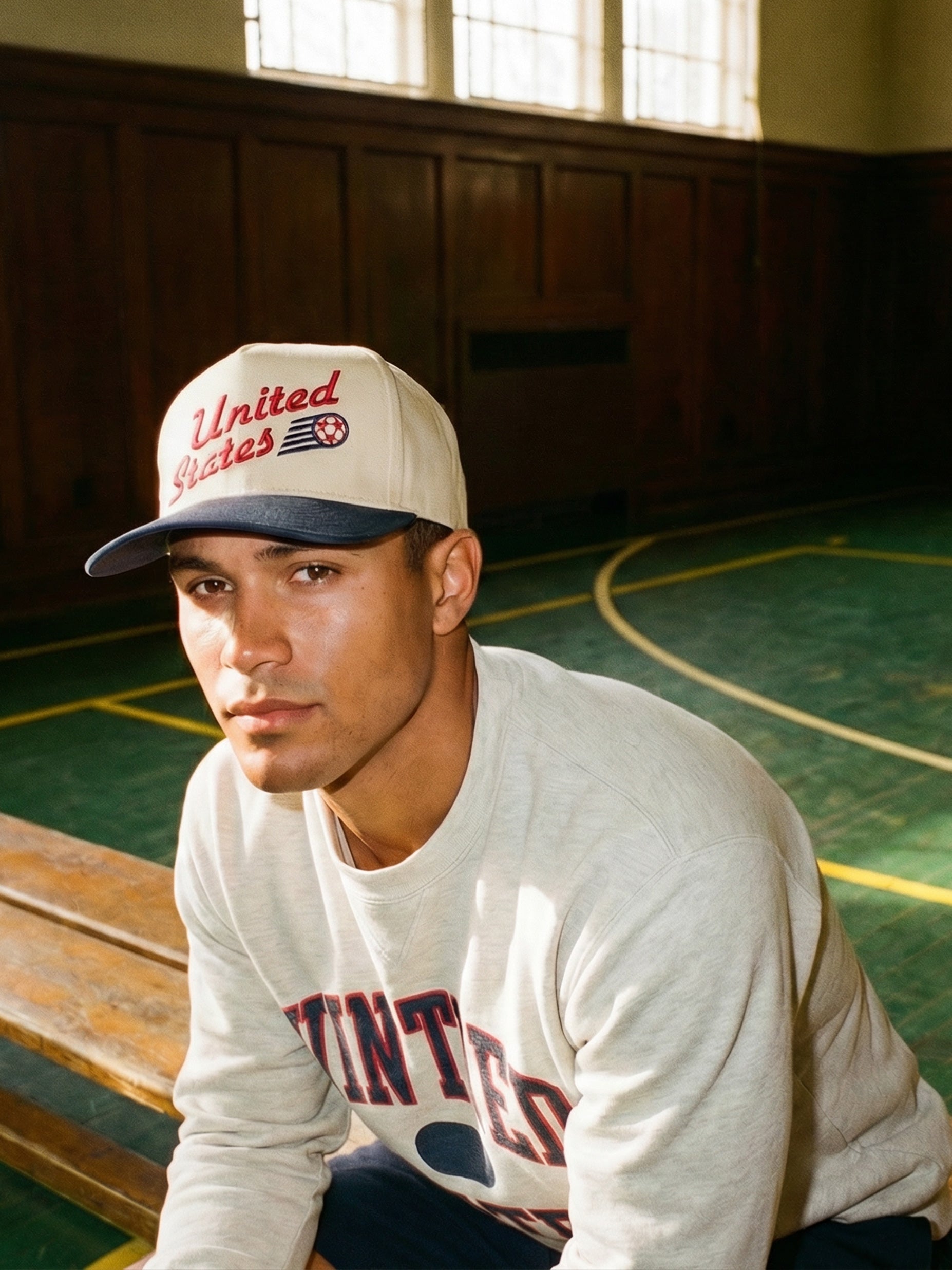 retro US soccer team world cup snapback hat, beige and navy United States soccer team embroidered logo cap