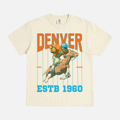 80s 90s denver broncos football graphic t-shirt with retro pinstripes and mascot on a unsiex comfort colors tee