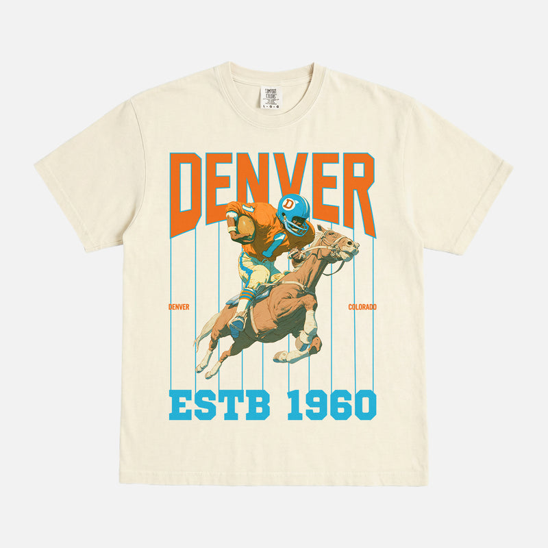80s 90s denver broncos football graphic t-shirt with retro pinstripes and mascot on a unsiex comfort colors tee