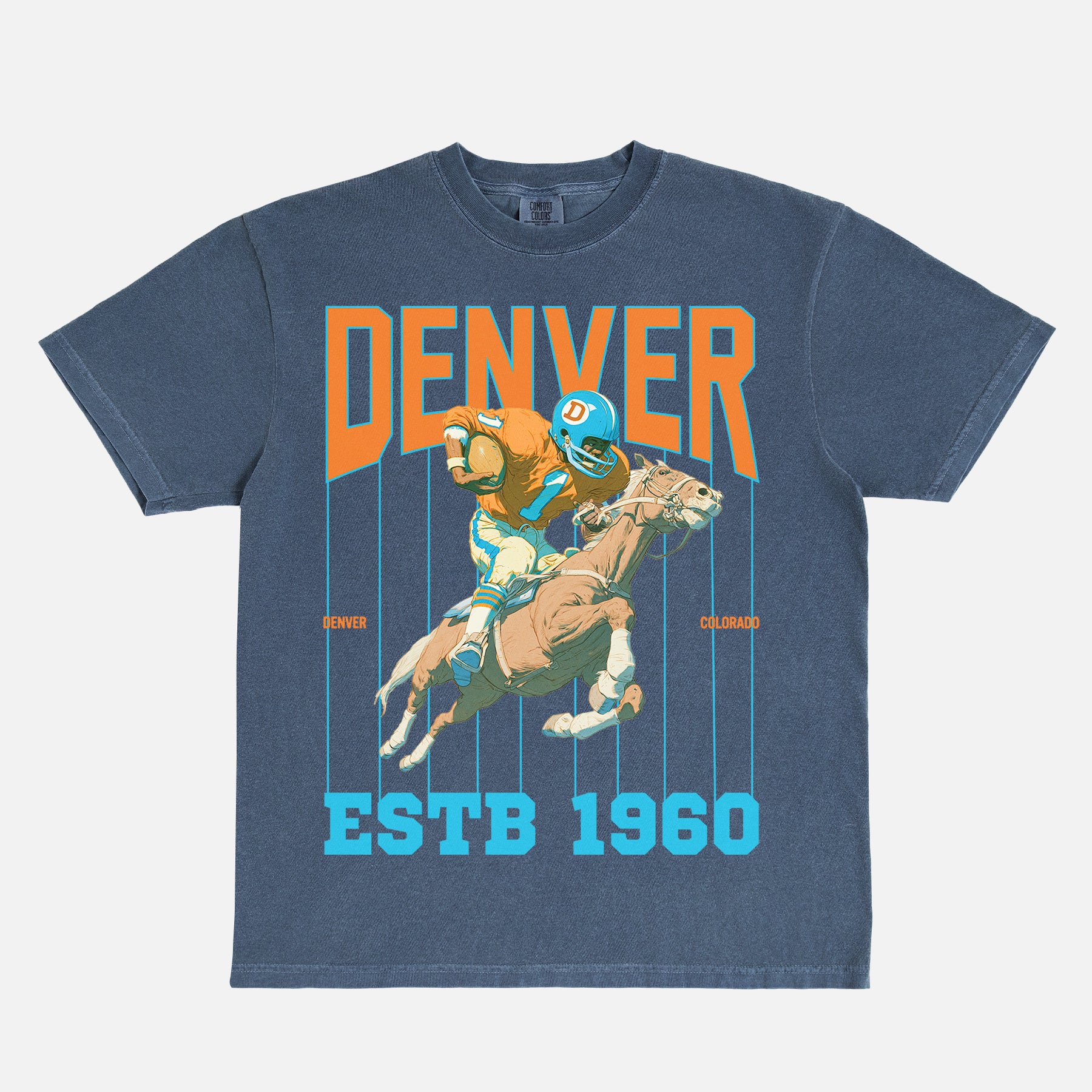 80s 90s denver broncos football graphic t-shirt with retro pinstripes and mascot on a unsiex comfort colors tee