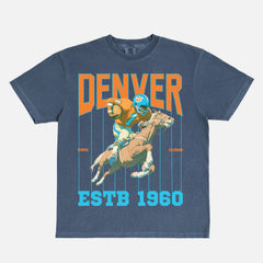 80s 90s denver broncos football graphic t-shirt with retro pinstripes and mascot on a unsiex comfort colors tee