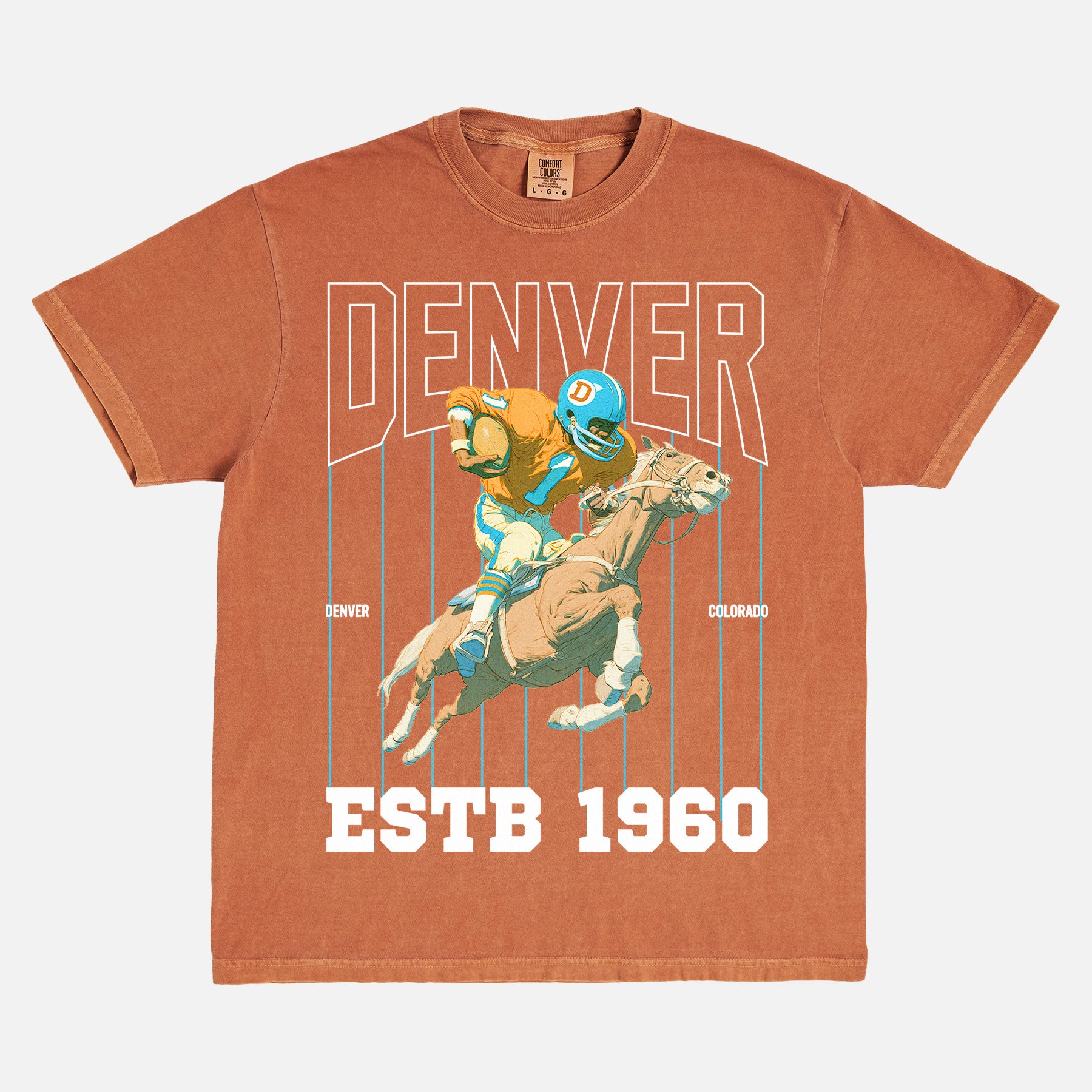 80s 90s denver broncos football graphic t-shirt with retro pinstripes and mascot on a unsiex comfort colors tee
