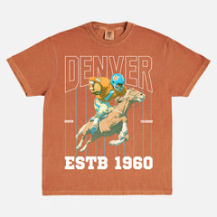 80s 90s denver broncos football graphic t-shirt with retro pinstripes and mascot on a unsiex comfort colors tee