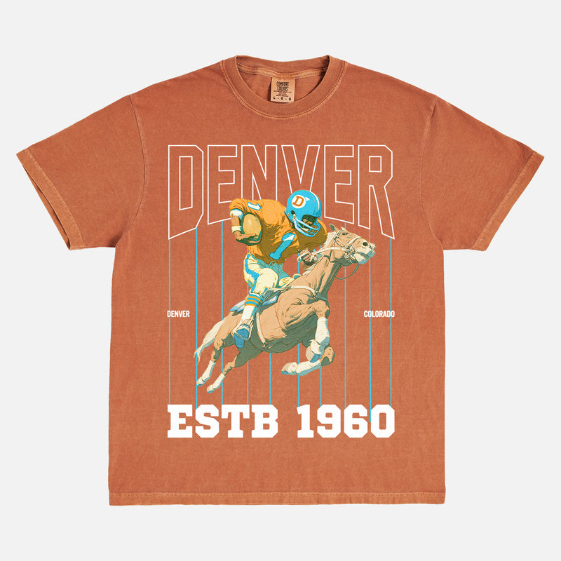 80s 90s denver broncos football graphic t-shirt with retro pinstripes and mascot on a unsiex comfort colors tee
