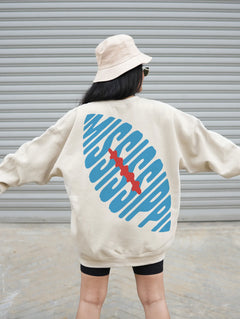 Unisex retro Ole Miss Rebels football sweatshirt, beige off-white crewneck with vintage red and light blue front and back streetwear graphics