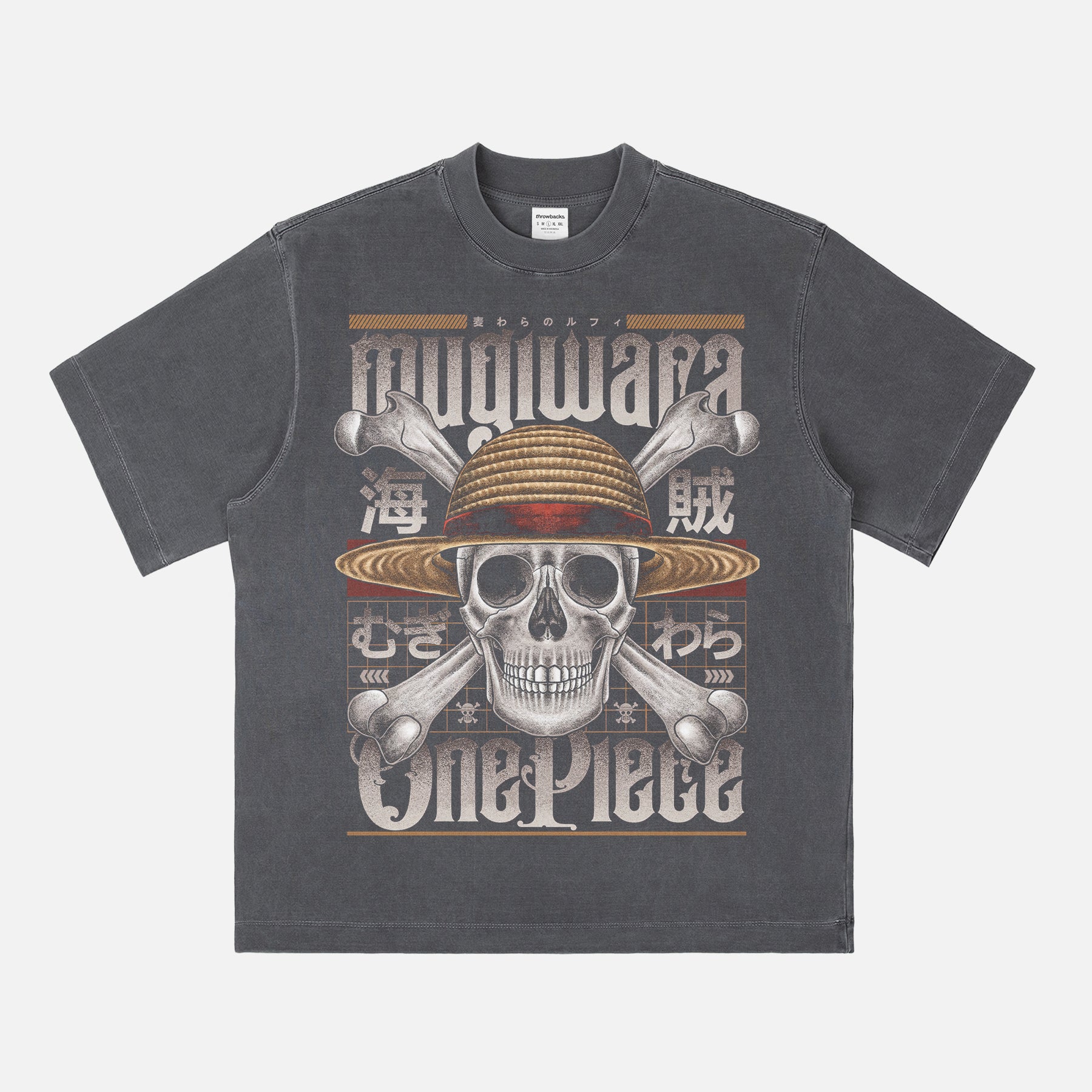 Retro One Piece Mugiwara anime streetwear graphic tee shirt faded black