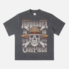 Retro One Piece Mugiwara anime streetwear graphic tee shirt faded black
