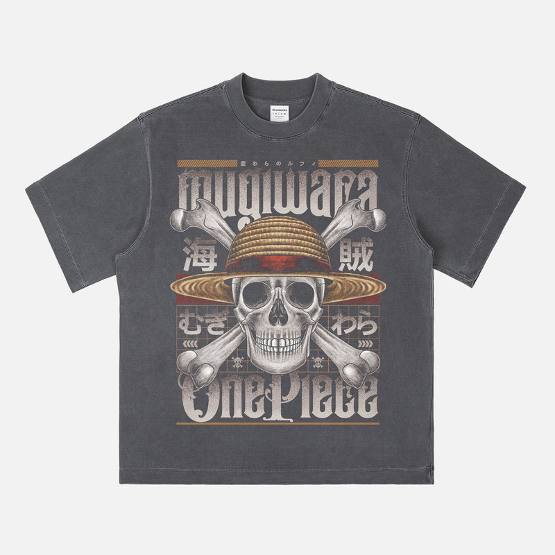 Retro One Piece Mugiwara anime streetwear graphic tee shirt faded black