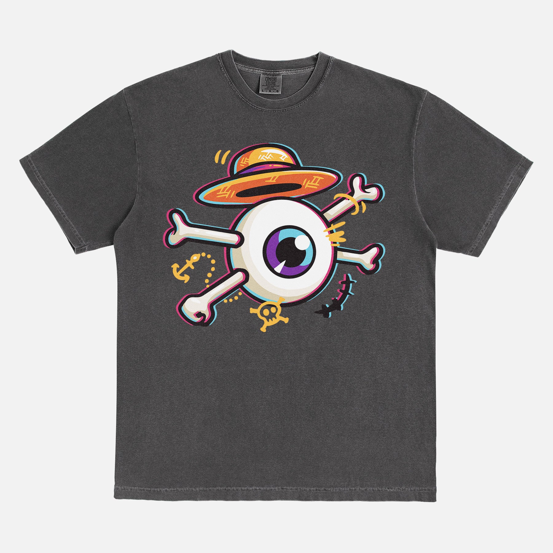 One Piece anime graphic tee with straw hat, Monkey D. Luffy Eye and cross bones on a washed black comfort colors t-shirt