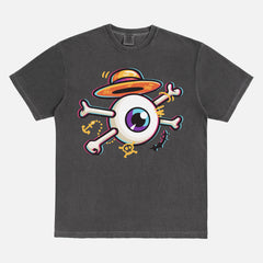 One Piece anime graphic tee with straw hat, Monkey D. Luffy Eye and cross bones on a washed black comfort colors t-shirt