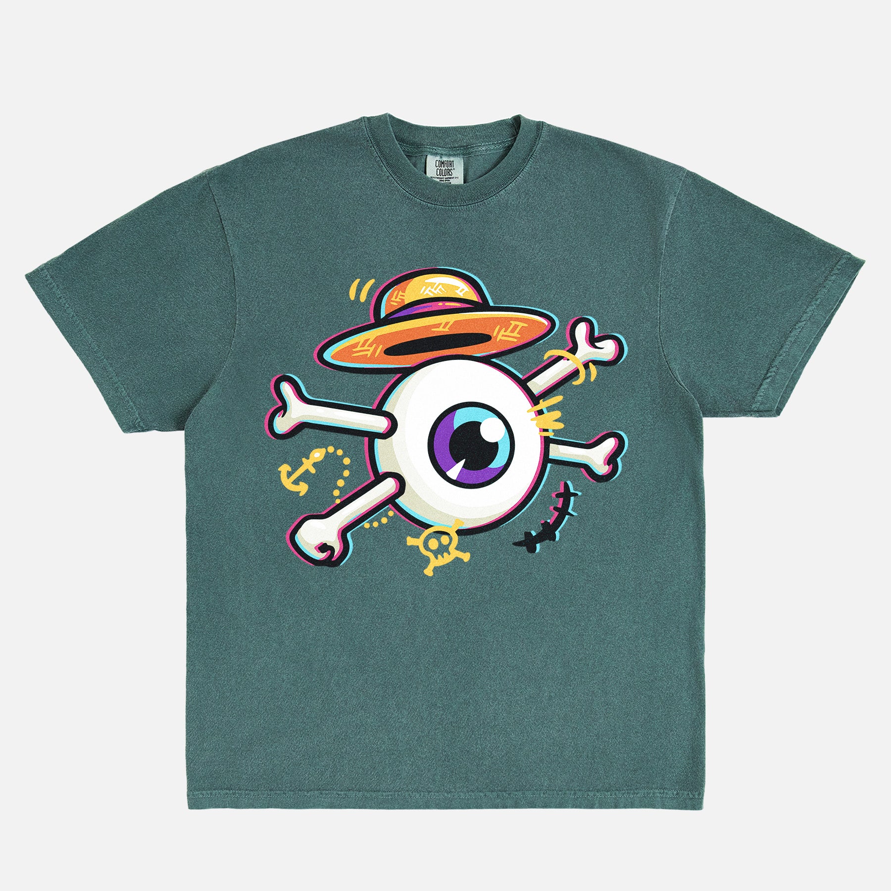 One Piece anime graphic tee with straw hat, Monkey D. Luffy Eye and cross bones on a washed green comfort colors t-shirt