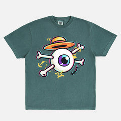 One Piece anime graphic tee with straw hat, Monkey D. Luffy Eye and cross bones on a washed green comfort colors t-shirt