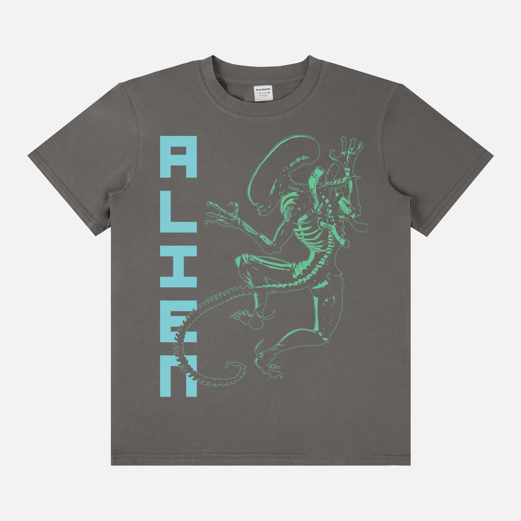 Retro Alien Xenomorporph t-shirt with neon alien graphic and movie poster text on a heavyweight dark grey black t-shirt