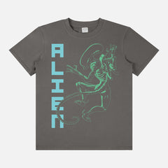 Retro Alien Xenomorporph t-shirt with neon alien graphic and movie poster text on a heavyweight dark grey black t-shirt