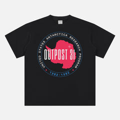 Outpost 31 Antarctica badge logo t-shirt from John Carpenter's The Thing 1982 horror movie graphic tee