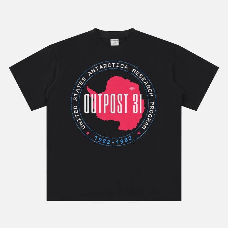 Outpost 31 Antarctica badge logo t-shirt from John Carpenter's The Thing 1982 horror movie graphic tee